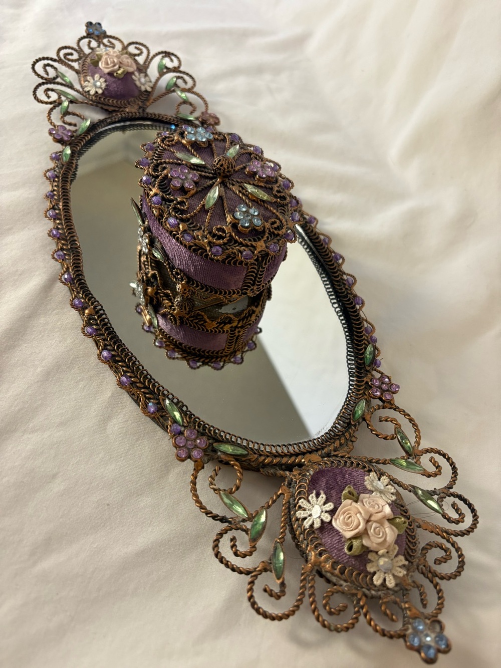 Vintage Jeweled Vanity Mirror & Trinket Box Purple Velvet Filigree Decor